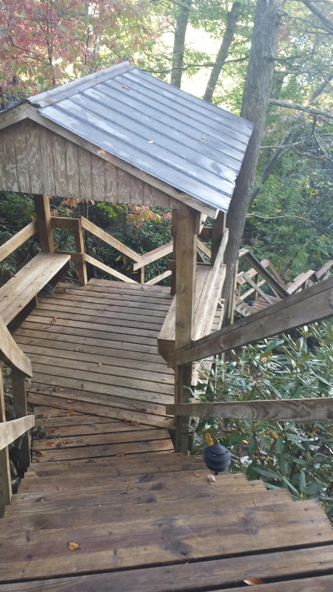 Metal roofed shelter over wooden steps on a wooded walkway — Skylight Repair & Installation work by our crew in Bidwell